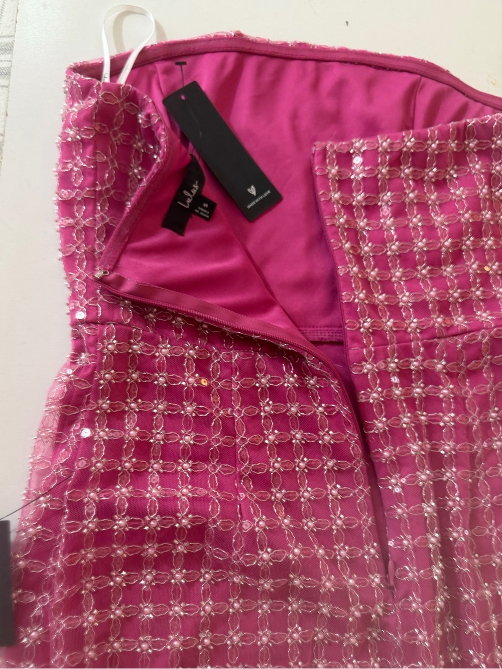 Perfectly Pink Luxurious Mesh Pearl Sequin Strapless Column Maxi Dress NWT Sz S - Picture 12 of 16